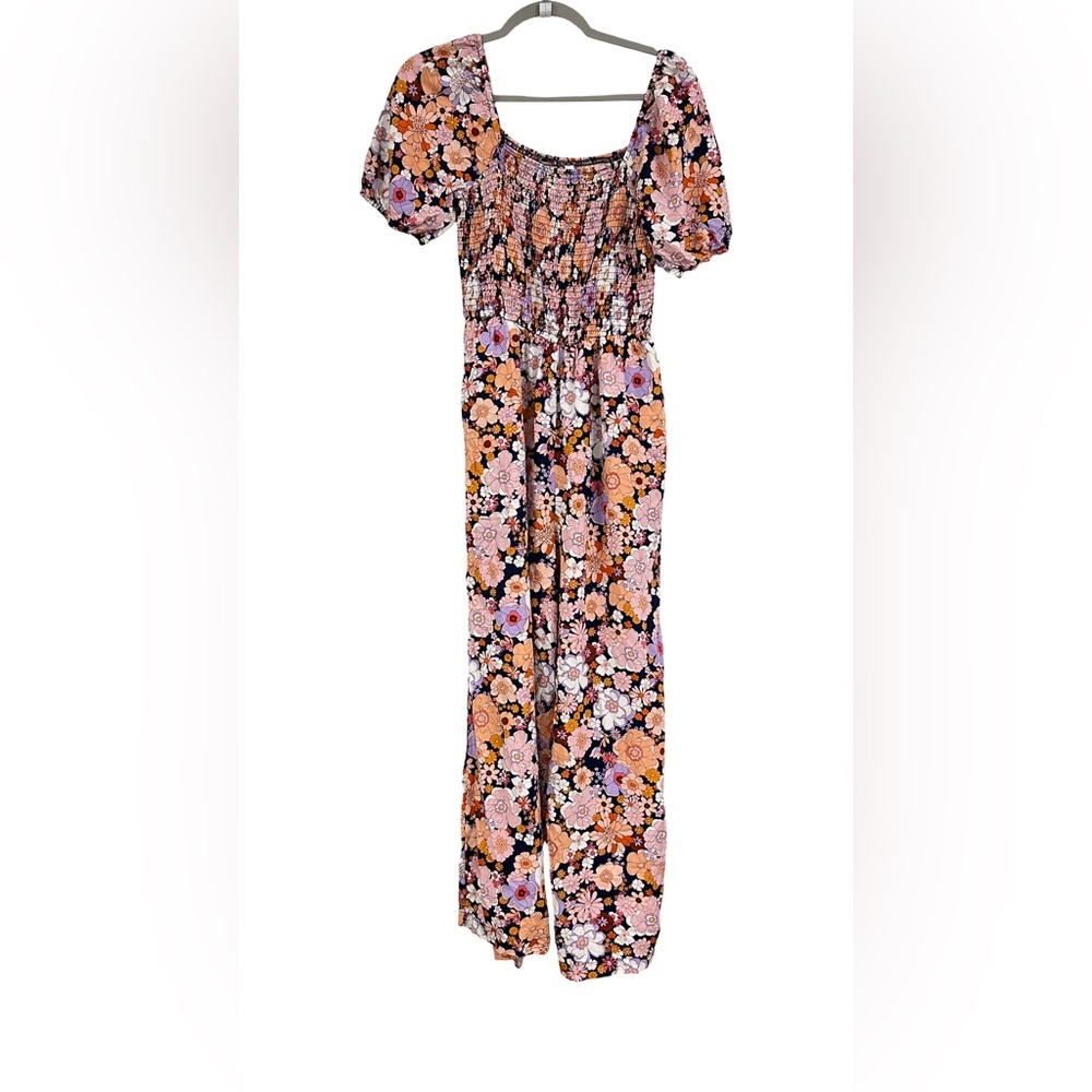 DOKOTO Women Small Floral Wide Leg Jumpsuit Smocked Bodice Cottagecore Boho